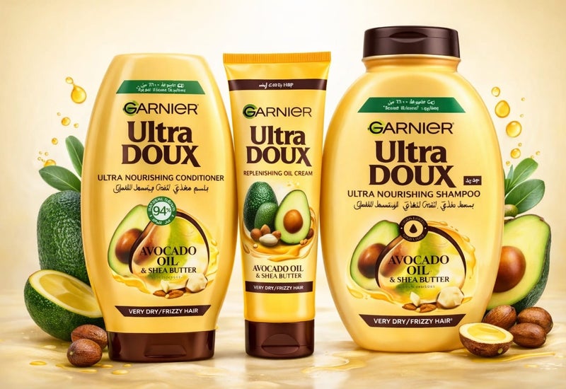 The Garnier Ultra Doux hair care range with avocado oil and shea butter, designed for very dry or frizzy hair, consists of shampoo, conditioner, and a nourishing oil replacement.